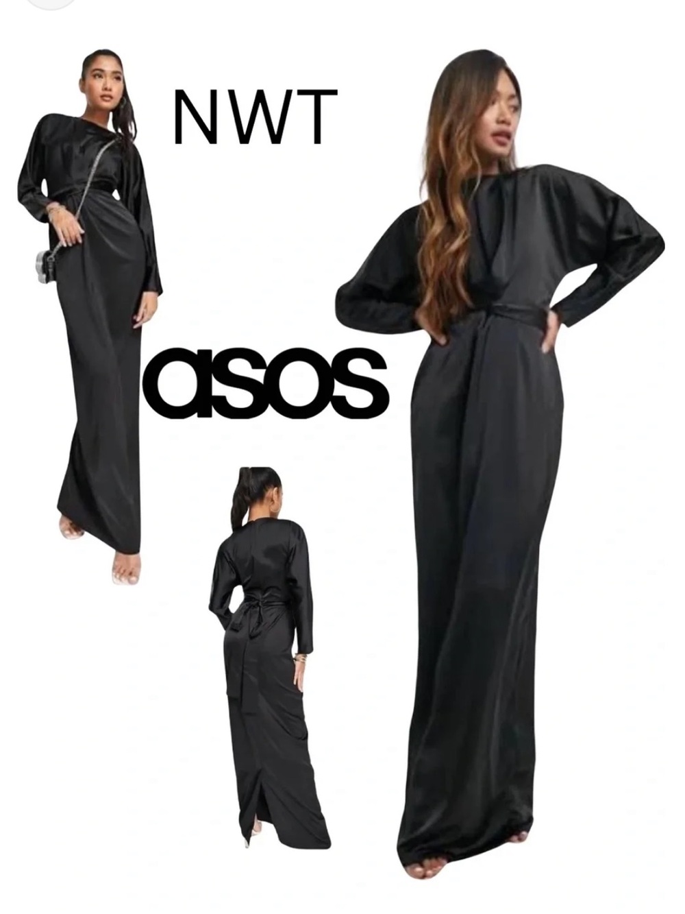 ASOS Black Satin Maxi Dress with Long Sleeves